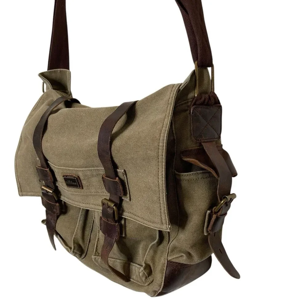 Vintage Military Leather Canvas Laptop Bag Messenger Army Green Adjustable Strap